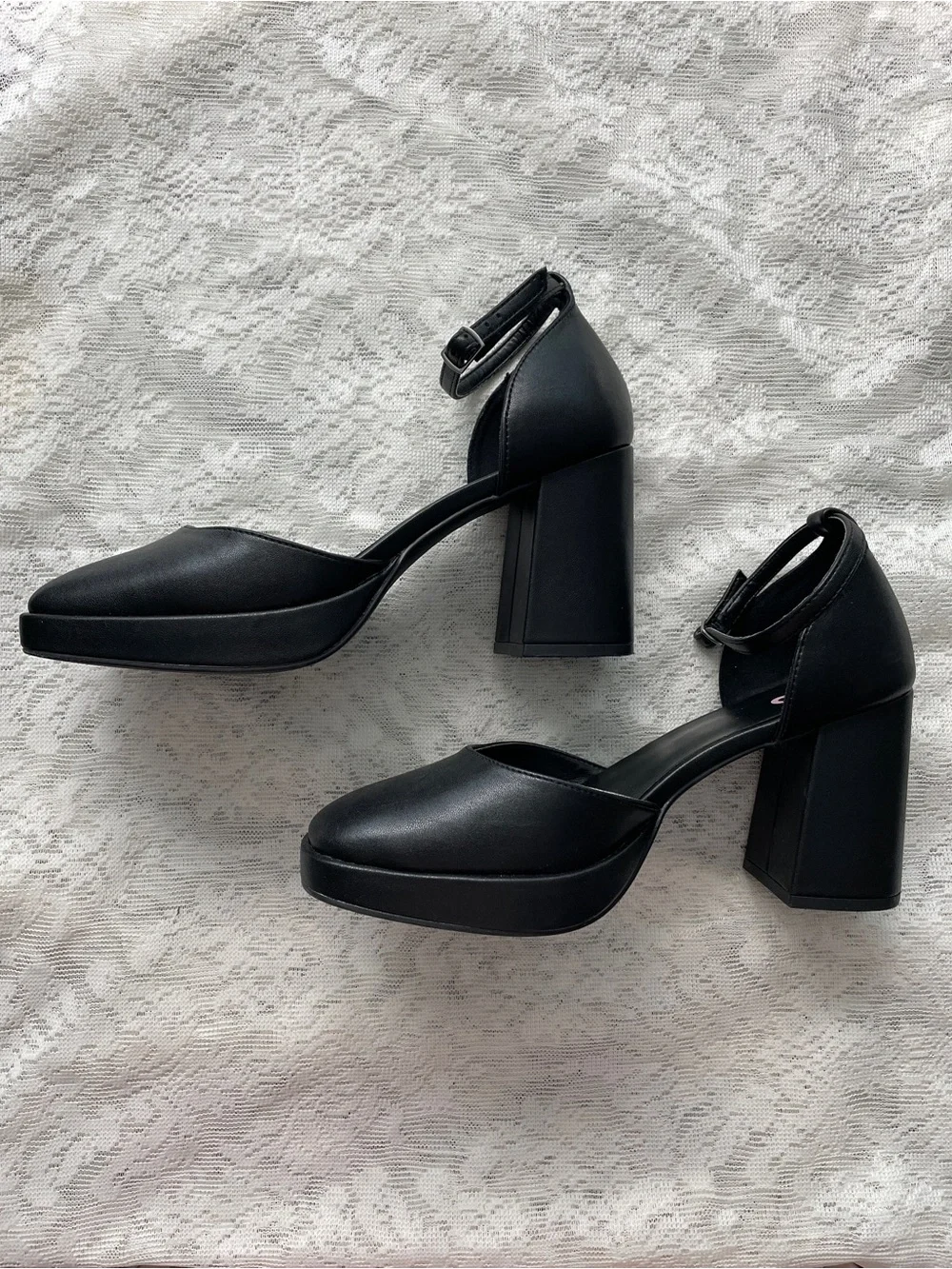 Black Platform Block Heel Ankle Strap Pumps Size 8.5